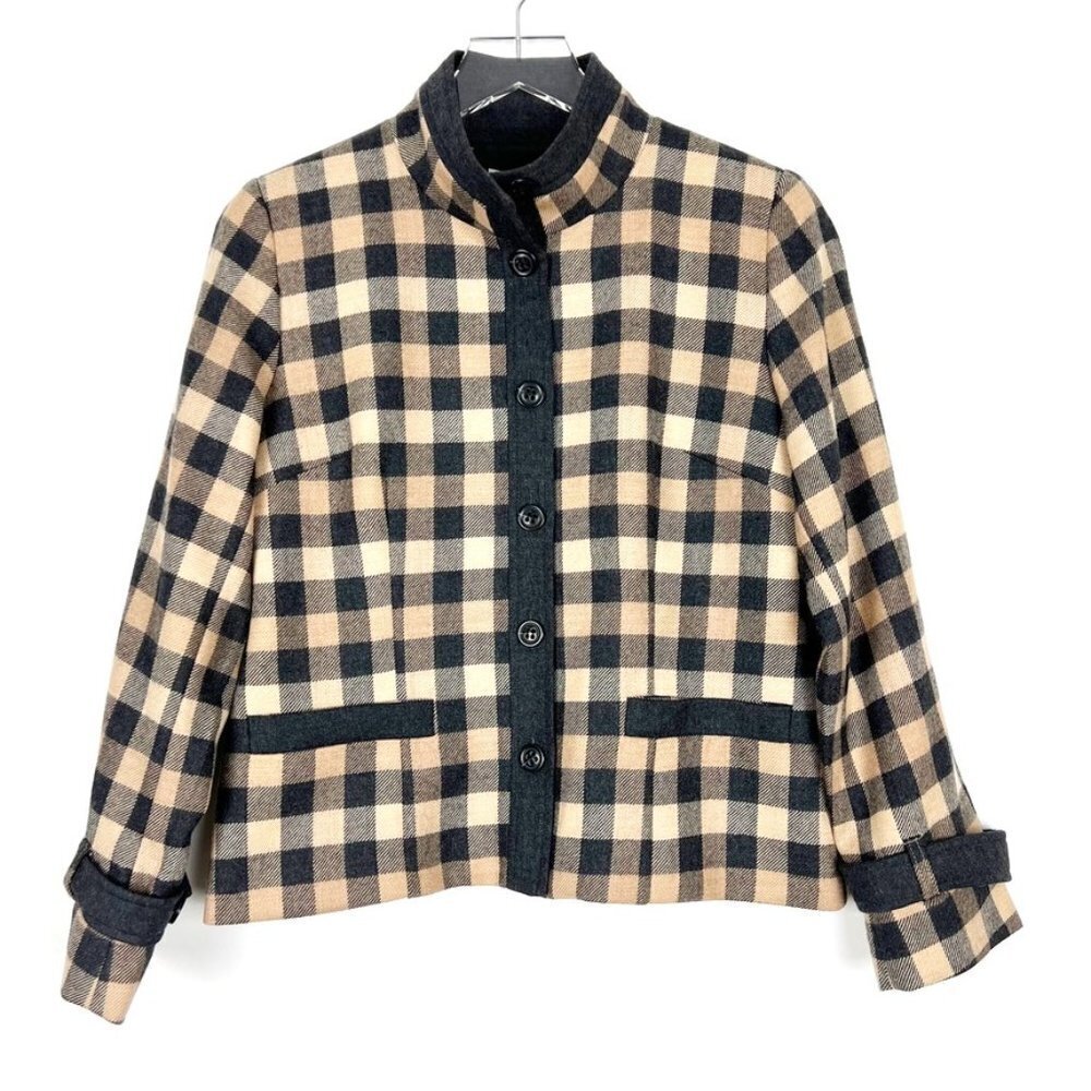 Pendleton Jacket Womens 6P Tan Grey Plaid 100% Virgin Wool Cropped Classic